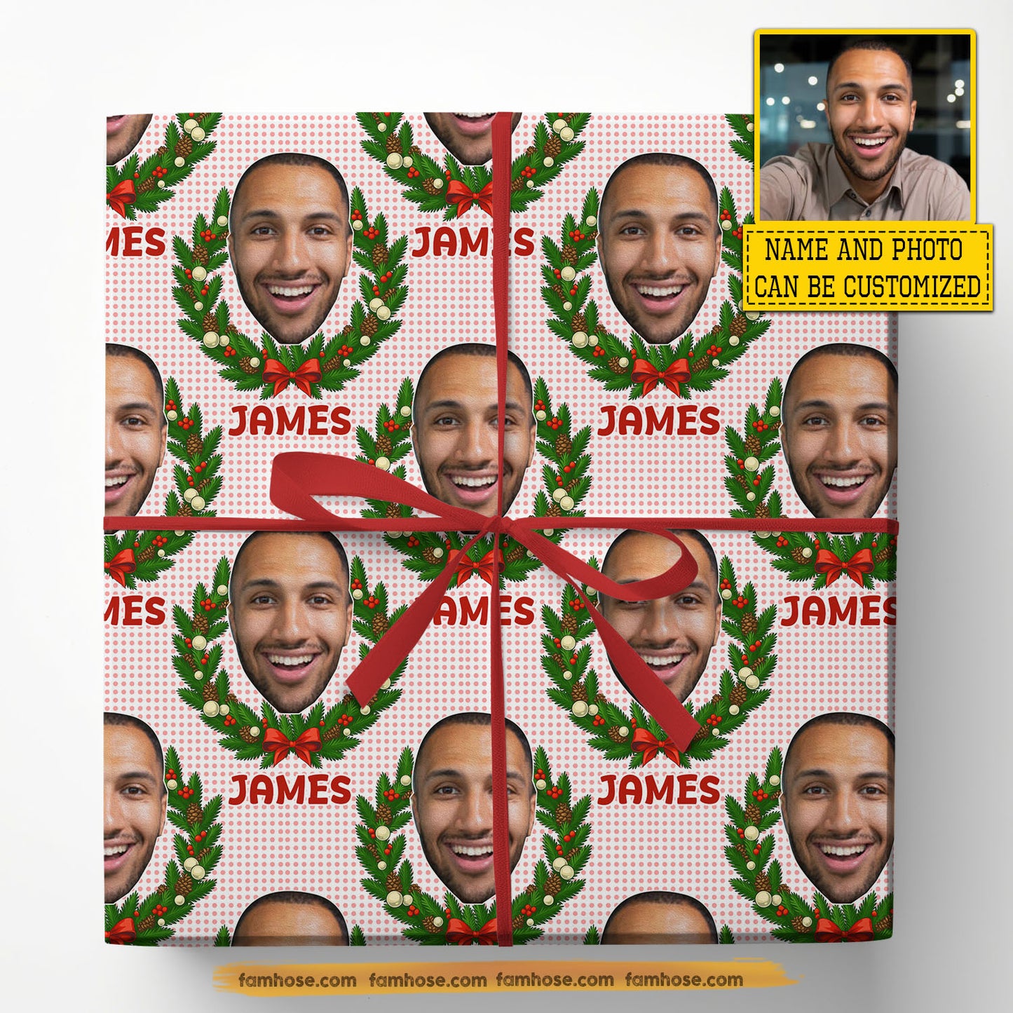 Personalized Christmas Wrapping Paper, Custom Yourself Between Wreath In White Background With Red Dots Wrapping Paper Rolls Xmas Gift