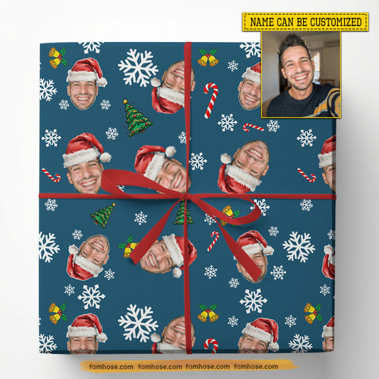 Personalized Christmas Wrapping Paper, Custom Yourself Wearing Santa Claus Hat In Dark Slate Blue Background Wrapping Paper Rolls Xmas Gift