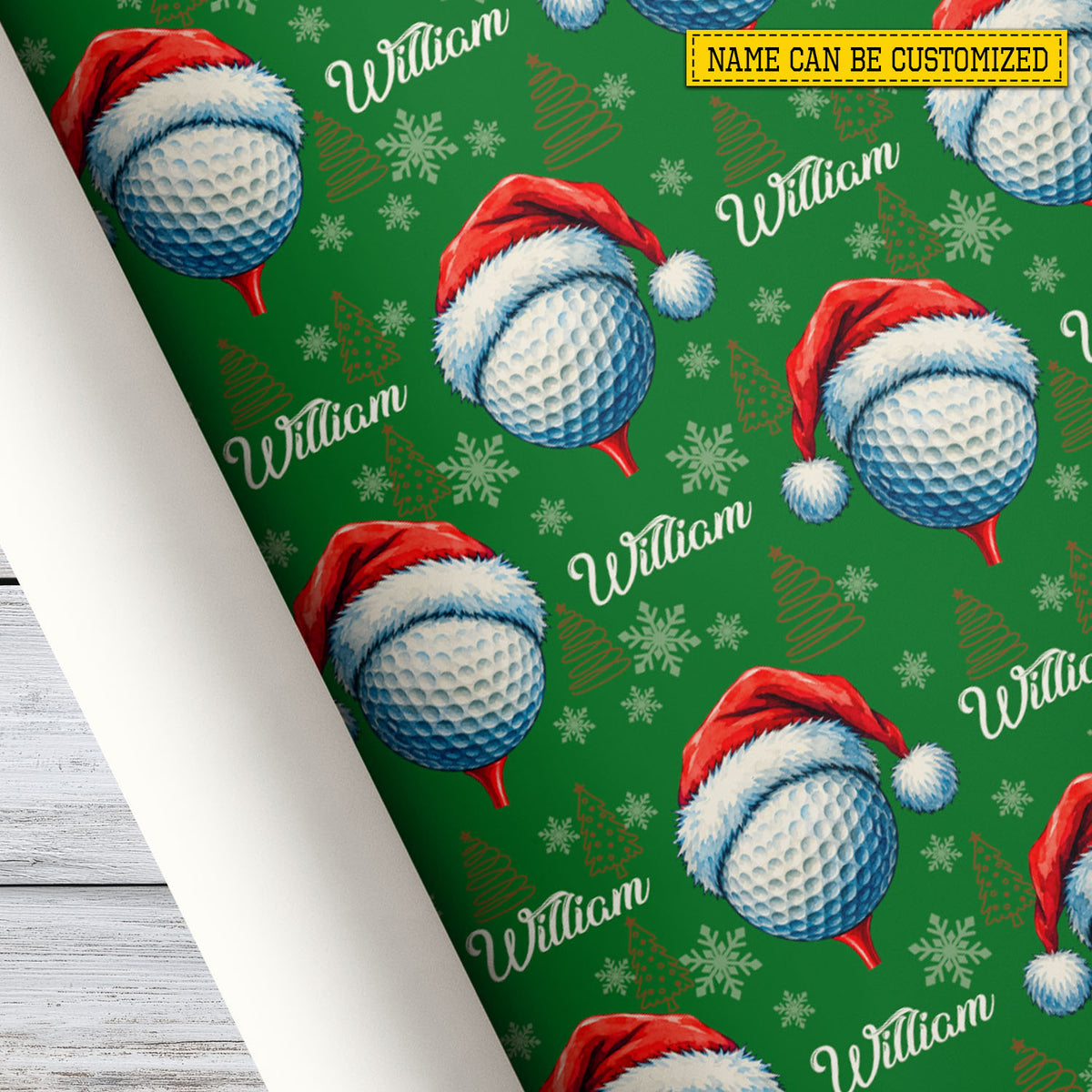 Personalized Christmas Golf Wrapping Paper, Golf Balls With Santa Hats And Snowflakes Wrapping Paper Rolls, Xmas Gift Wrap For Golf Lover
