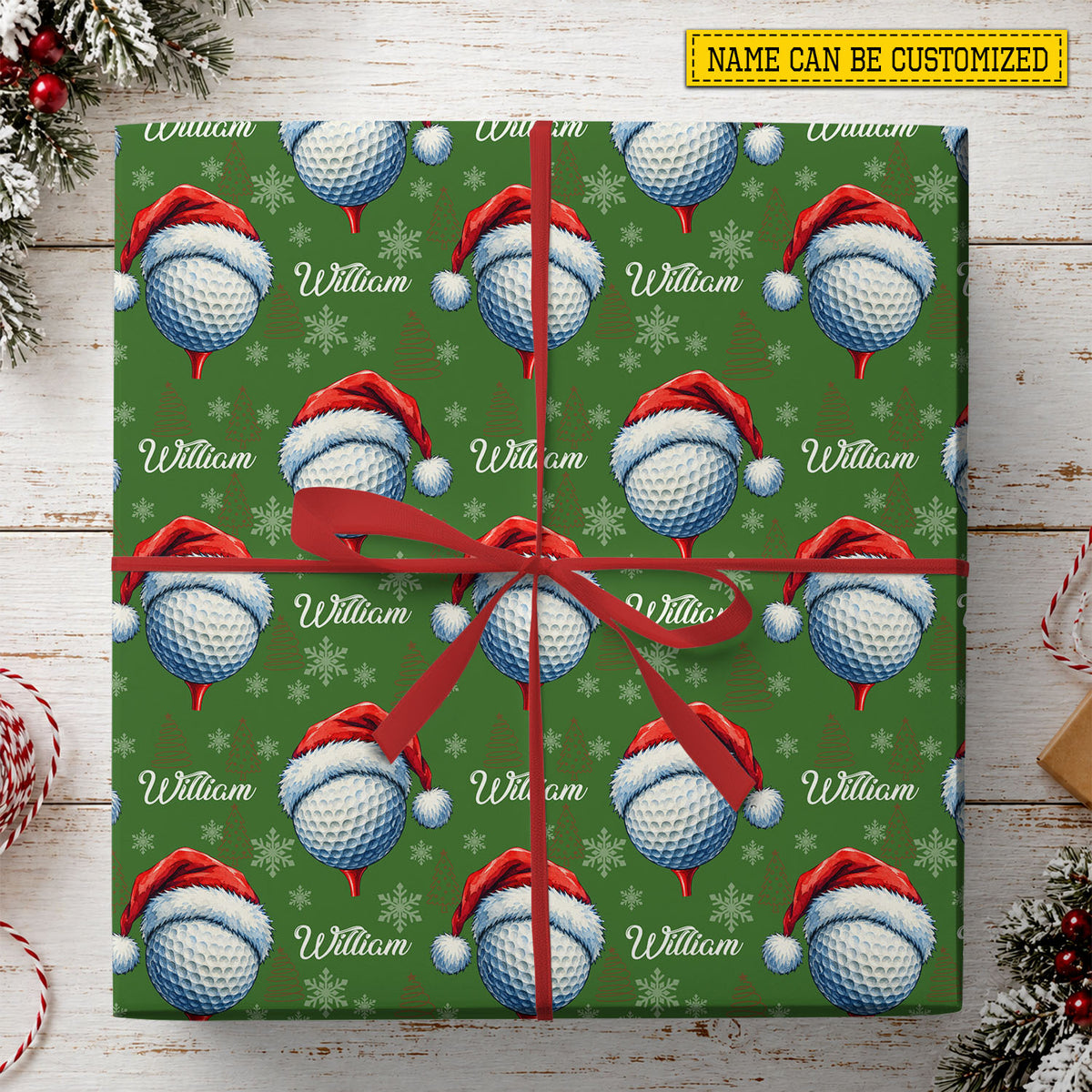 Personalized Christmas Golf Wrapping Paper, Golf Balls With Santa Hats And Snowflakes Wrapping Paper Rolls, Xmas Gift Wrap For Golf Lover