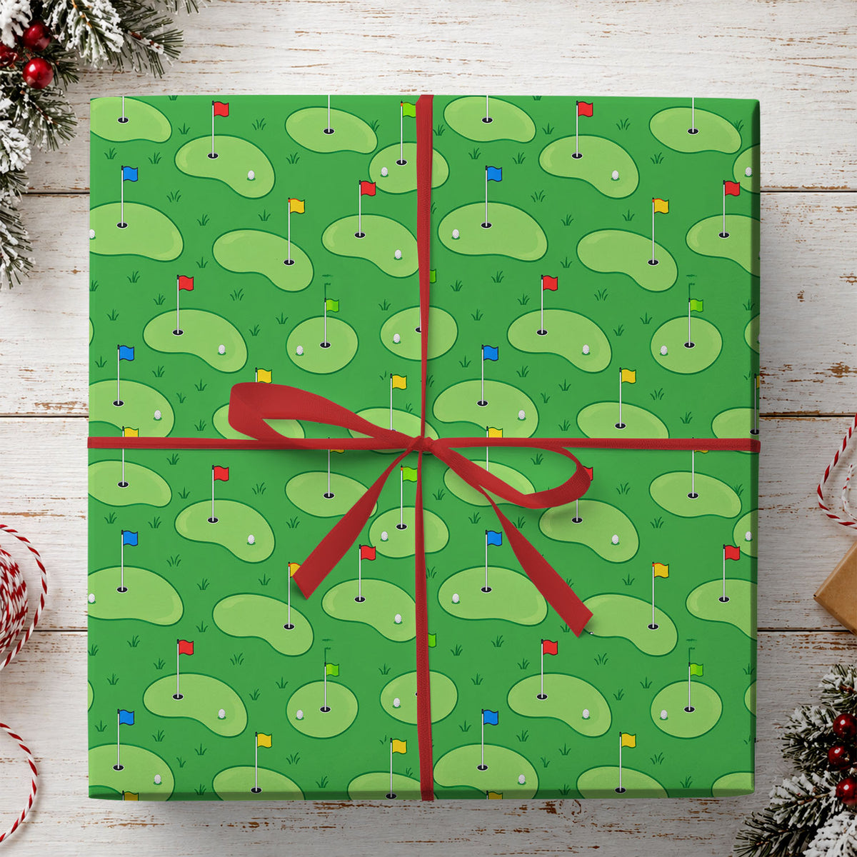 Golf Wrapping Paper, Green Golf Course Pattern With Colorful Flags Wrapping Paper Rolls, Gift Wrap For Golf Lover