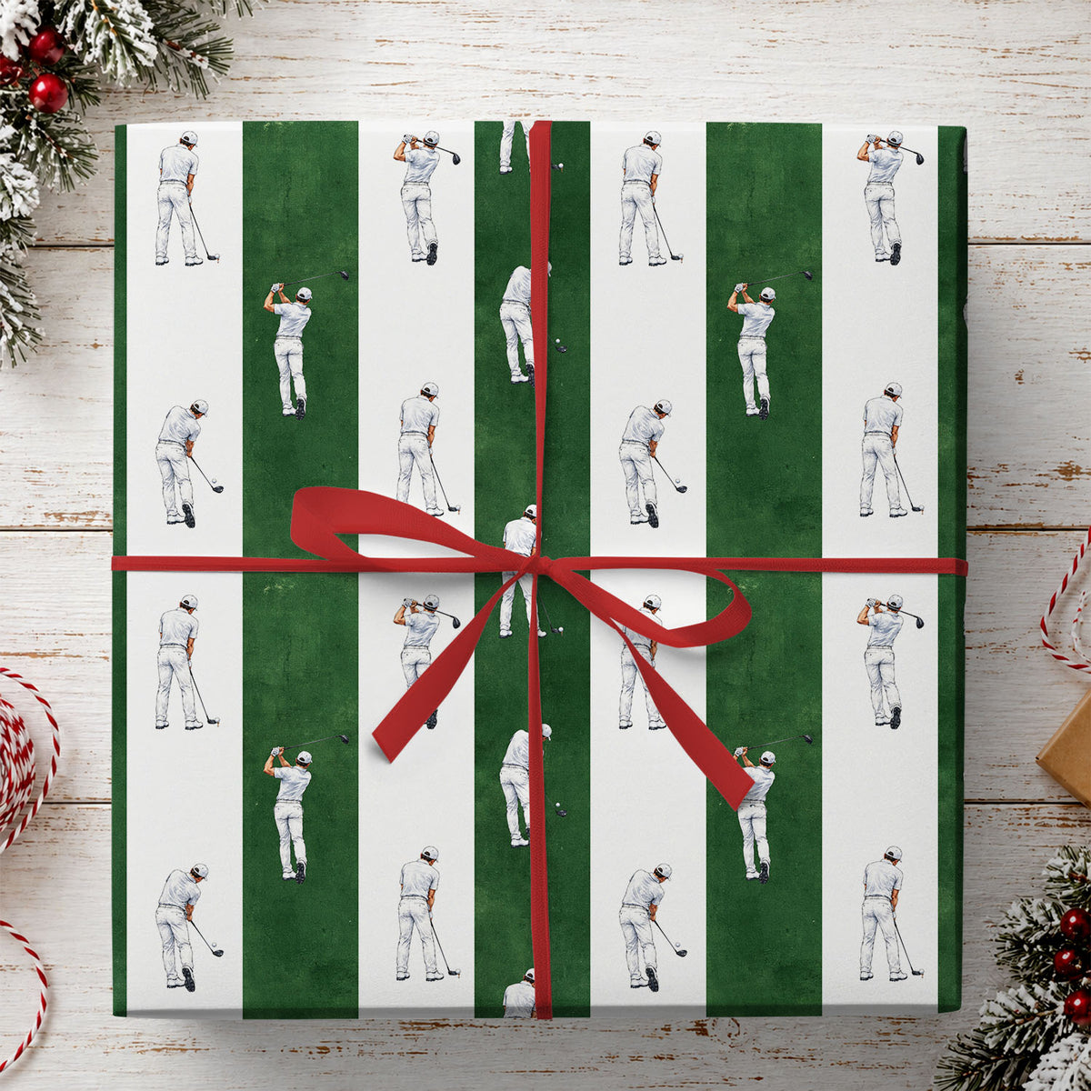 Golf Wrapping Paper, Golfers And Green Striped Pattern Wrapping Paper Rolls, Gift Wrap For Golf Lover