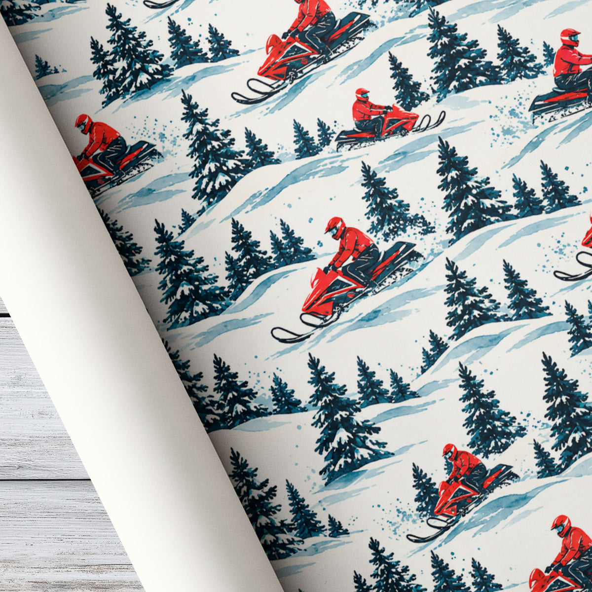 Christmas Snowmobile Wrapping Paper, Red Snowmobile Winter Forest Wrapping Paper Rolls, Xmas Gift Wrap For Snowmobile Lover