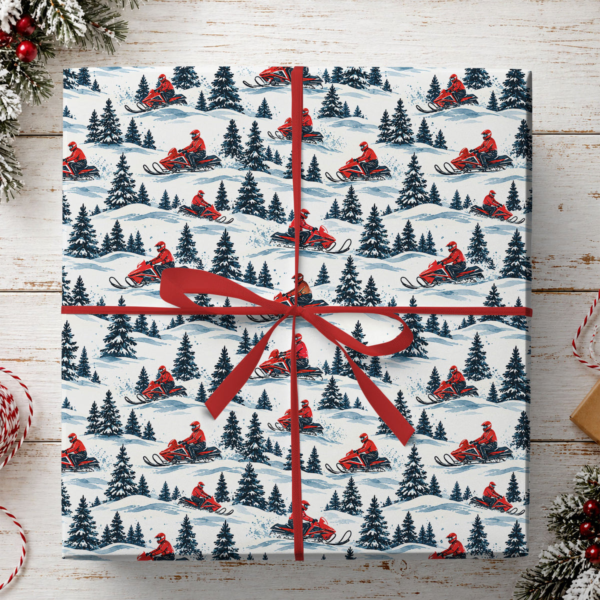 Christmas Snowmobile Wrapping Paper, Red Snowmobile Winter Forest Wrapping Paper Rolls, Xmas Gift Wrap For Snowmobile Lover