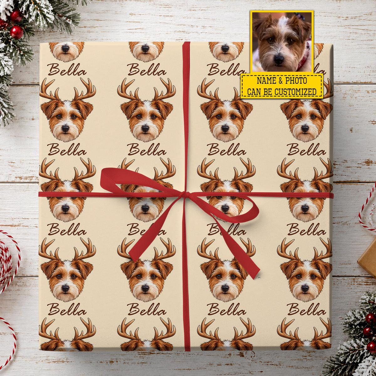 Personalized Christmas Dog Wrapping Paper, Funny Reindeer Dog Holiday Wrapping Paper Rolls, Xmas Gift Wrap For Dog Lover