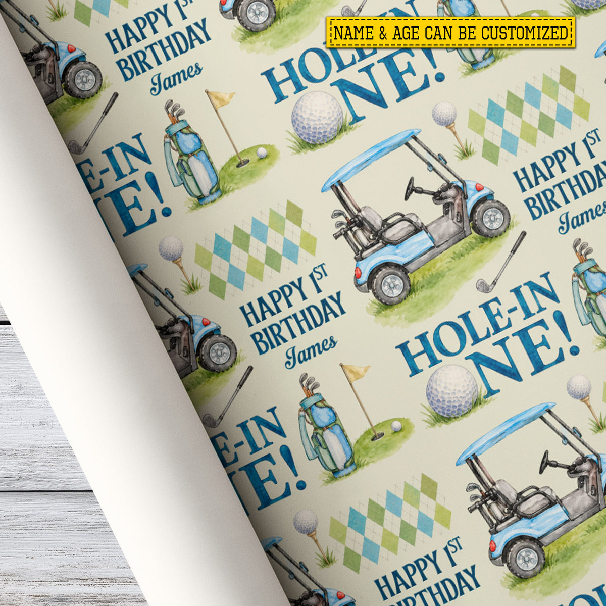 Personalized Christmas Golf Wrapping Paper, Hole in One Golf Cart Wrapping Paper Rolls, Xmas Gift Wrap For Golf Lover