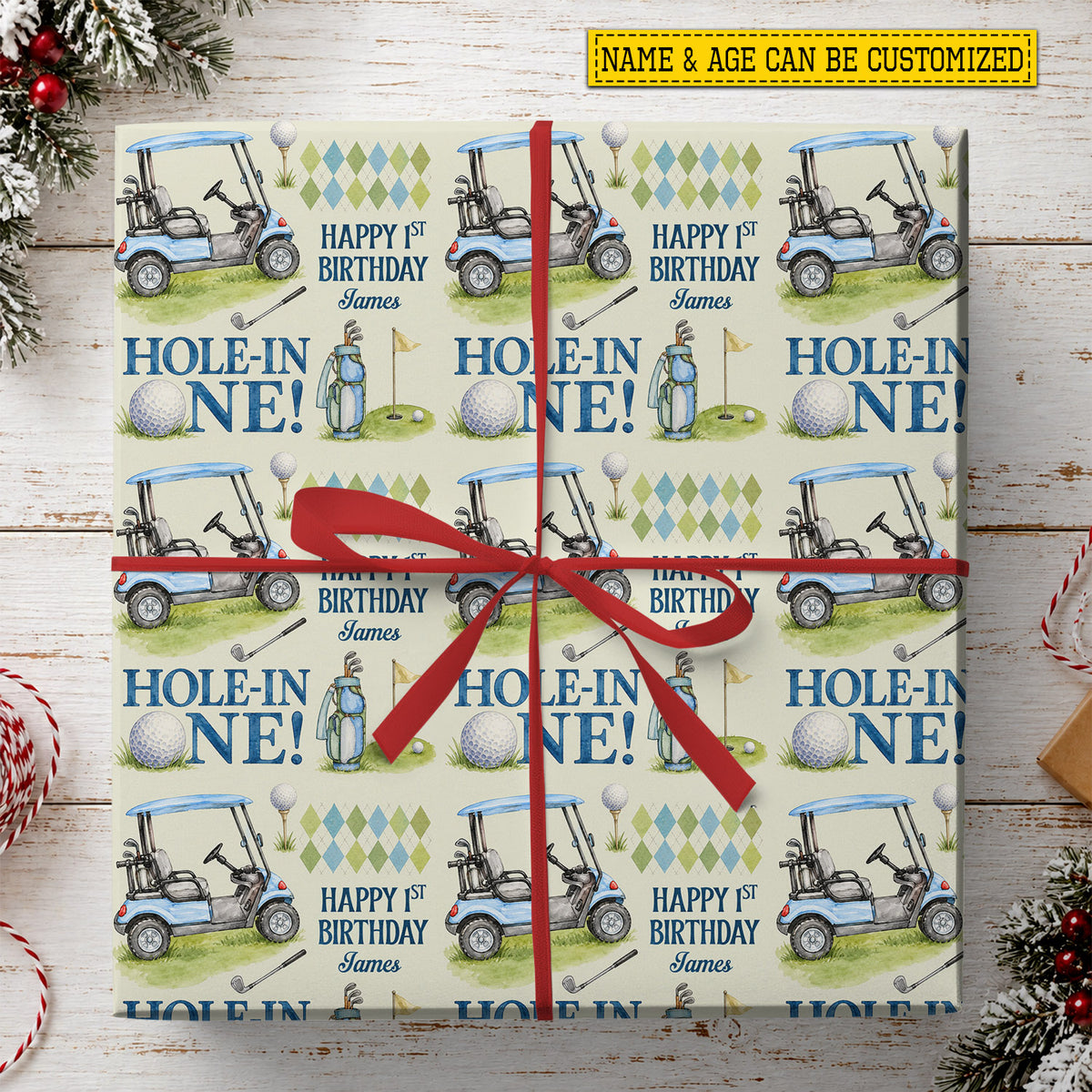Personalized Christmas Golf Wrapping Paper, Hole in One Golf Cart Wrapping Paper Rolls, Xmas Gift Wrap For Golf Lover