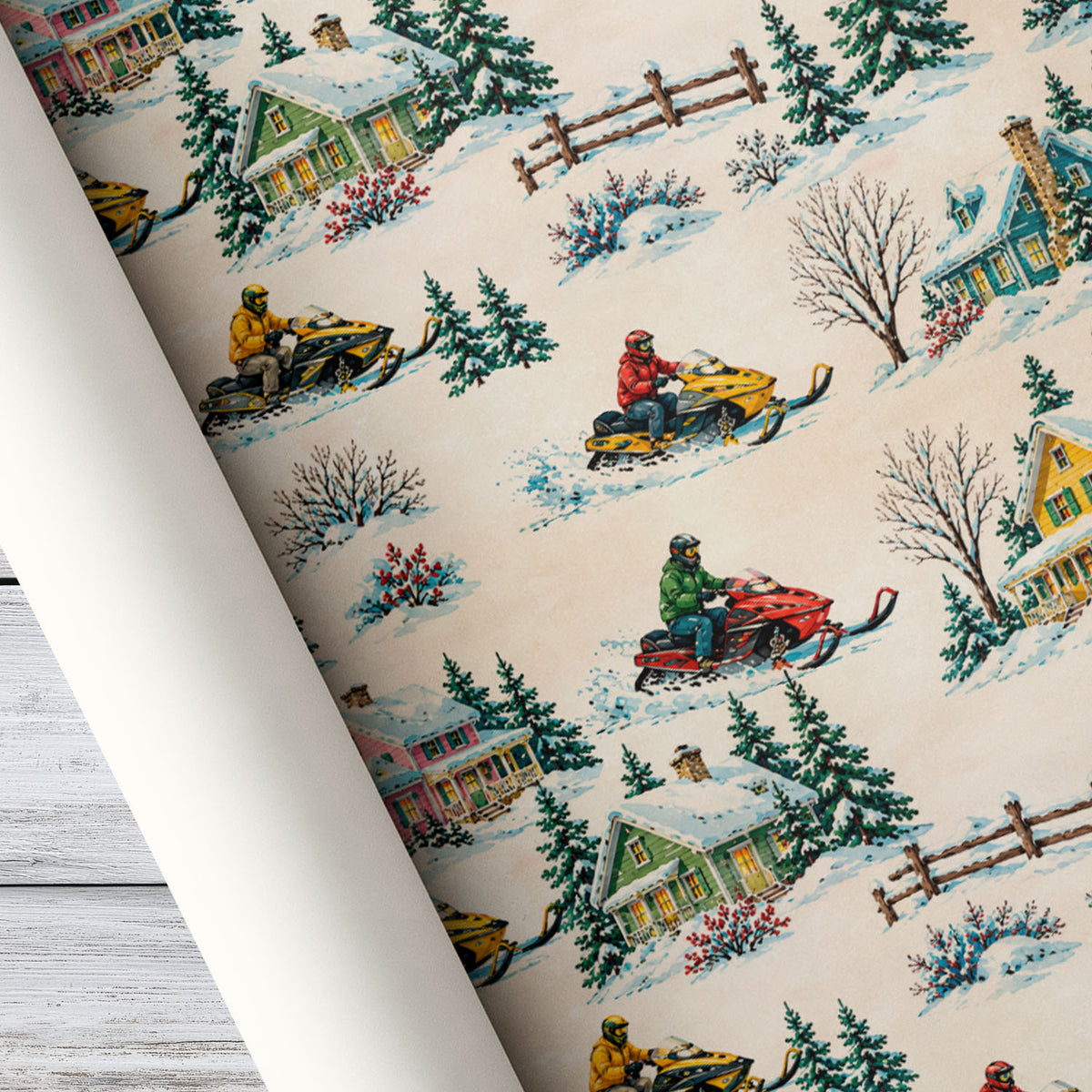 Vintage Christmas Snowmobile Wrapping Paper, Snowmobiling Winter Wonderland Wrapping Paper Rolls, Xmas Gift Wrap For Snowmobiling Lover