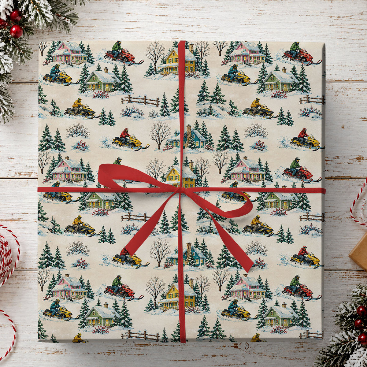 Vintage Christmas Snowmobile Wrapping Paper, Snowmobiling Winter Wonderland Wrapping Paper Rolls, Xmas Gift Wrap For Snowmobiling Lover