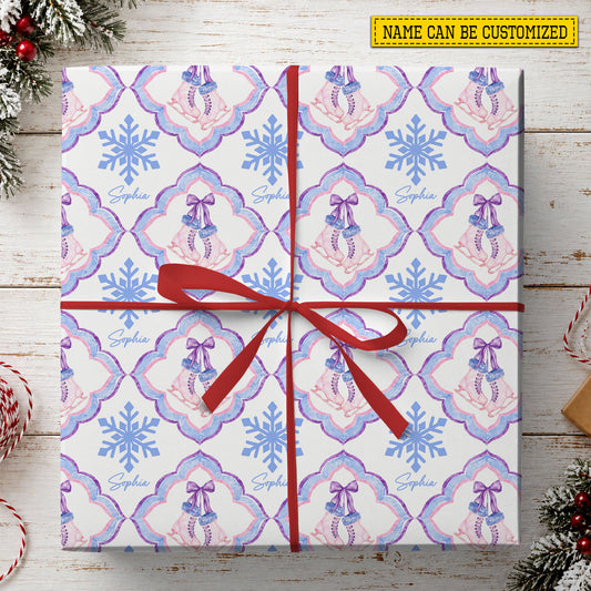 Personalized Ice Skating Christmas Wrapping Paper, Pink Figure Skates and Snowflakes Wrapping Paper Rolls, Xmas Gift Wrap For Iceskating Lover