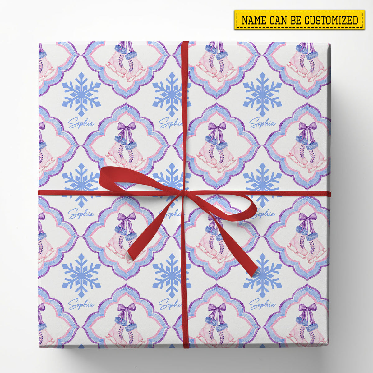 Personalized Ice Skating Christmas Wrapping Paper, Pink Figure Skates and Snowflakes Wrapping Paper Rolls, Xmas Gift Wrap For Iceskating Lover