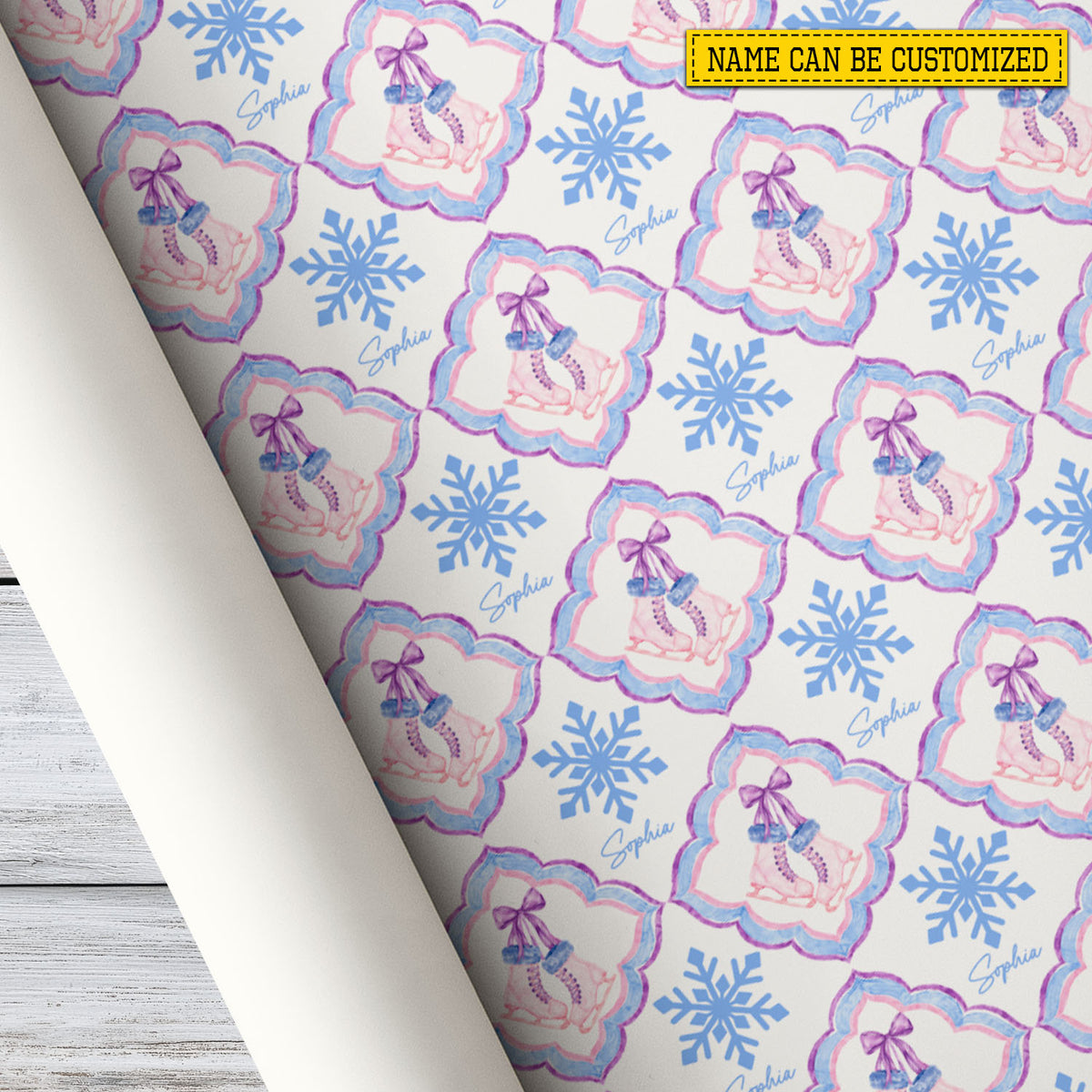 Personalized Ice Skating Christmas Wrapping Paper, Pink Figure Skates and Snowflakes Wrapping Paper Rolls, Xmas Gift Wrap For Iceskating Lover