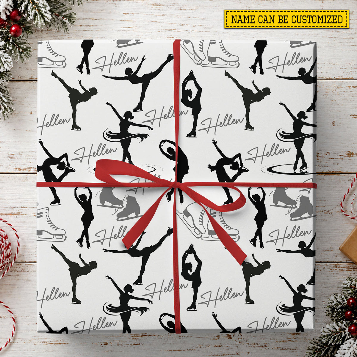 Personalized Figure Skating Christmas Wrapping Paper, Black and White Ice Skating Pattern Wrapping Paper Rolls, Xmas Gift Wrap For Iceskating Lover