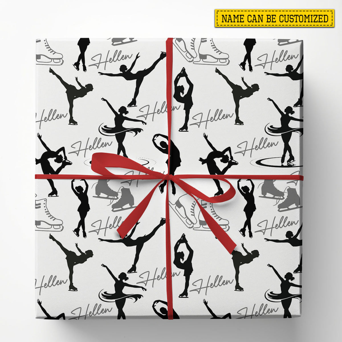 Personalized Figure Skating Christmas Wrapping Paper, Black and White Ice Skating Pattern Wrapping Paper Rolls, Xmas Gift Wrap For Iceskating Lover