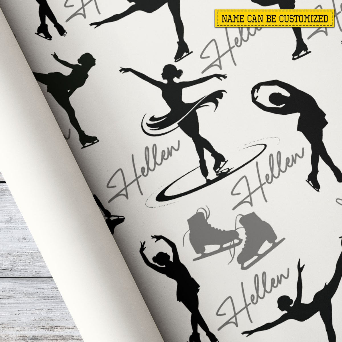 Personalized Figure Skating Christmas Wrapping Paper, Black and White Ice Skating Pattern Wrapping Paper Rolls, Xmas Gift Wrap For Iceskating Lover