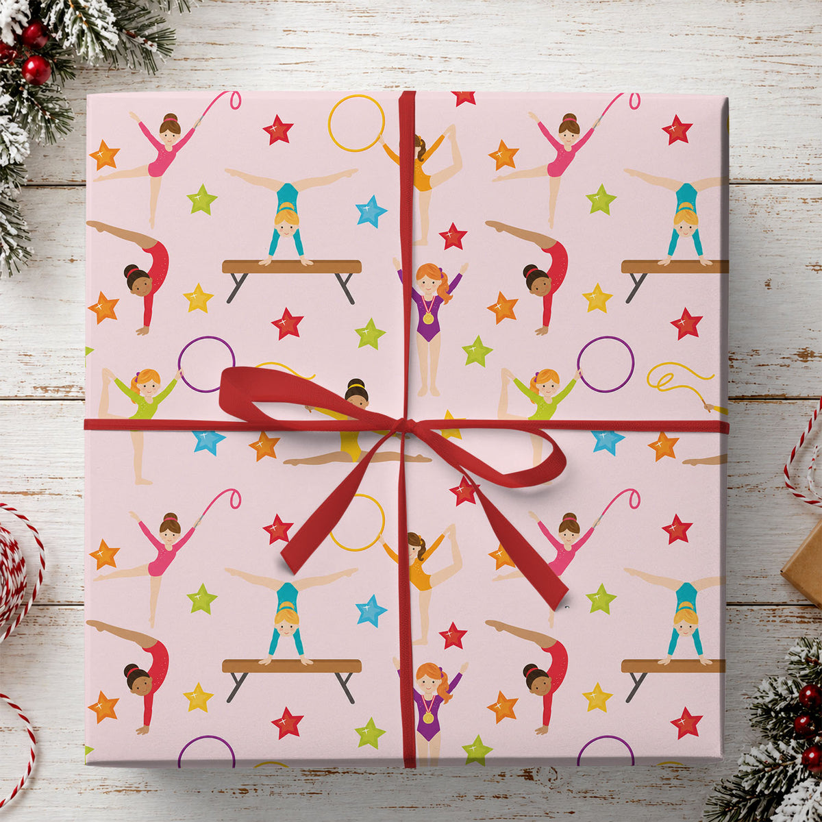 Gymnastics Christmas Wrapping Paper, Pink Gymnastics Birthday Wrapping Paper Rolls, Xmas Gift Wrap For Gymnastics Lover
