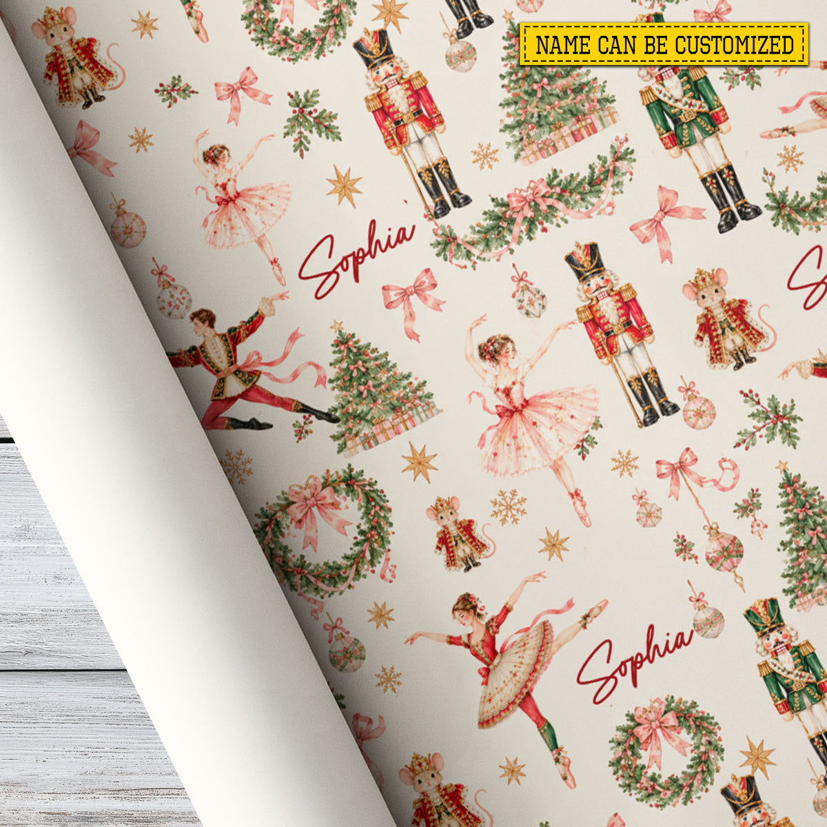 Personalized Christmas Nutcracker Wrapping Paper, Pink Ballerina Ballet Wrapping Paper Rolls, Xmas Gift Wrap For Ballet Lover