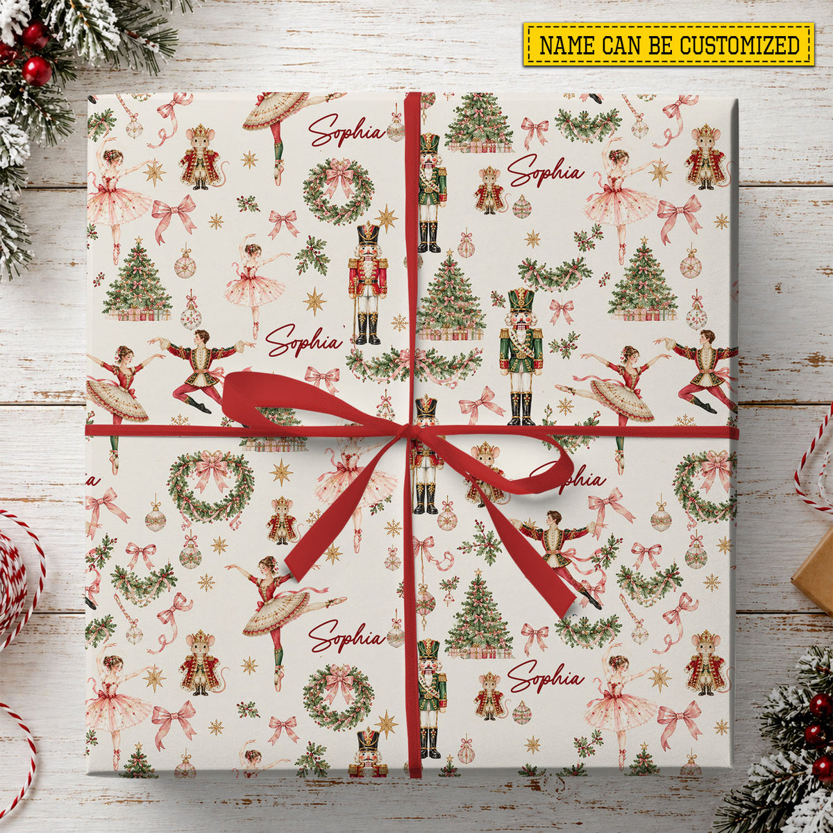 Personalized Christmas Nutcracker Wrapping Paper, Pink Ballerina Ballet Wrapping Paper Rolls, Xmas Gift Wrap For Ballet Lover