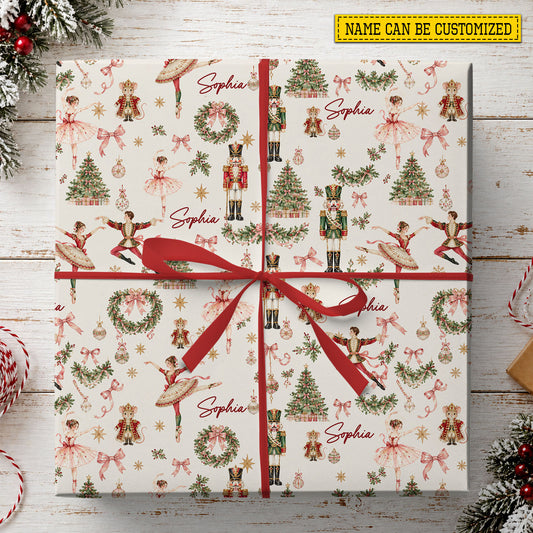 Personalized Christmas Nutcracker Wrapping Paper, Pink Ballerina Ballet Wrapping Paper Rolls, Xmas Gift Wrap For Ballet Lover