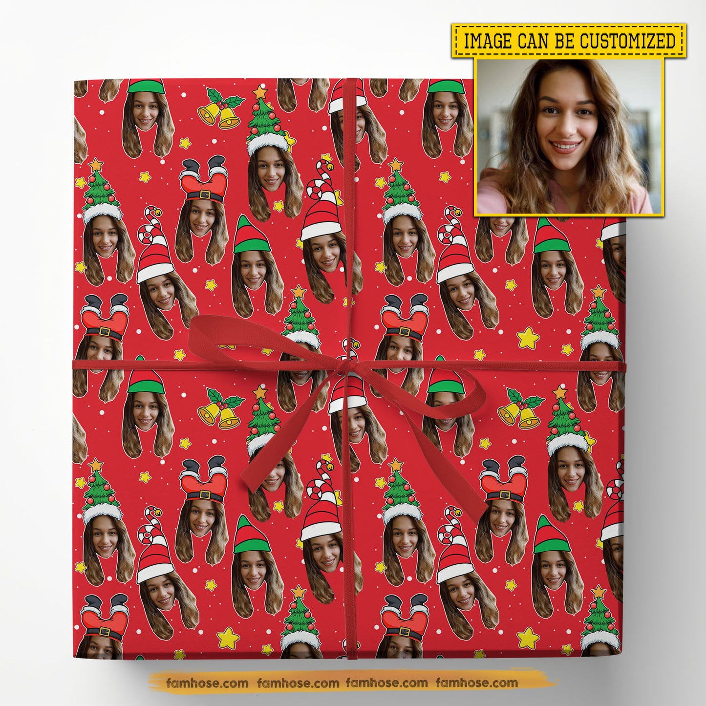 Personalized Christmas Tree Wrapping Paper, Funny Custom Yourself In Red Background Wrapping Paper Rolls Xmas Gift