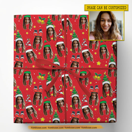 Personalized Christmas Tree Wrapping Paper, Funny Custom Yourself In Red Background Wrapping Paper Rolls Xmas Gift