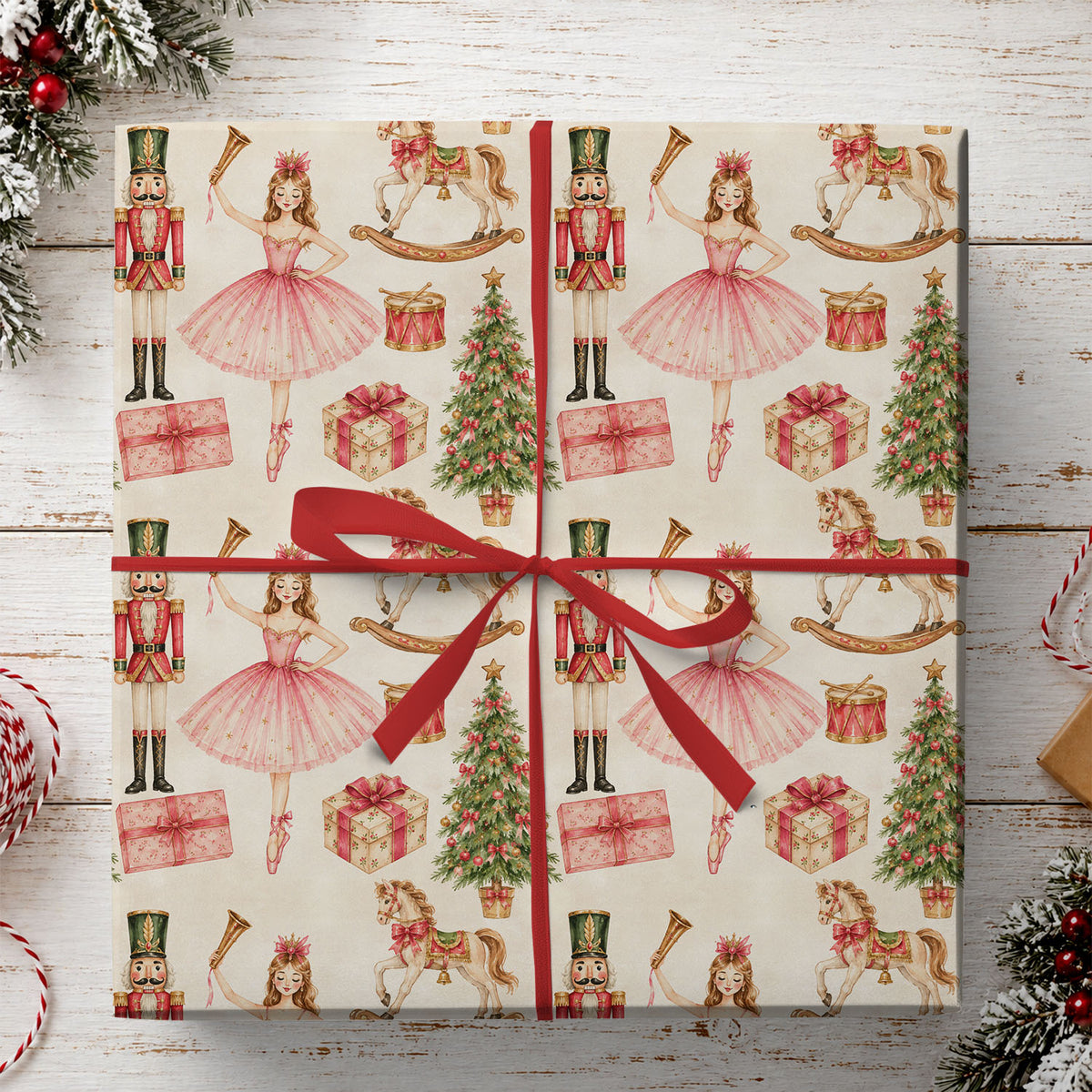 Nutcracker Ballet Christmas Wrapping Paper, Pink Ballerina And Nutcracker Soldier Wrapping Paper Rolls, Xmas Gift Wrap For Ballet Lover