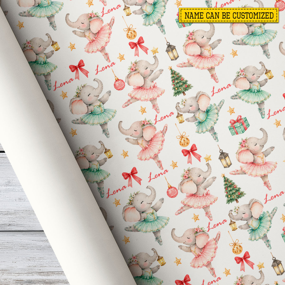 Personalized Christmas Ballerina Elephant Wrapping Paper, Watercolor Dancing Elephants Wrapping Paper Rolls, Xmas Gift Wrap For Ballet Lover