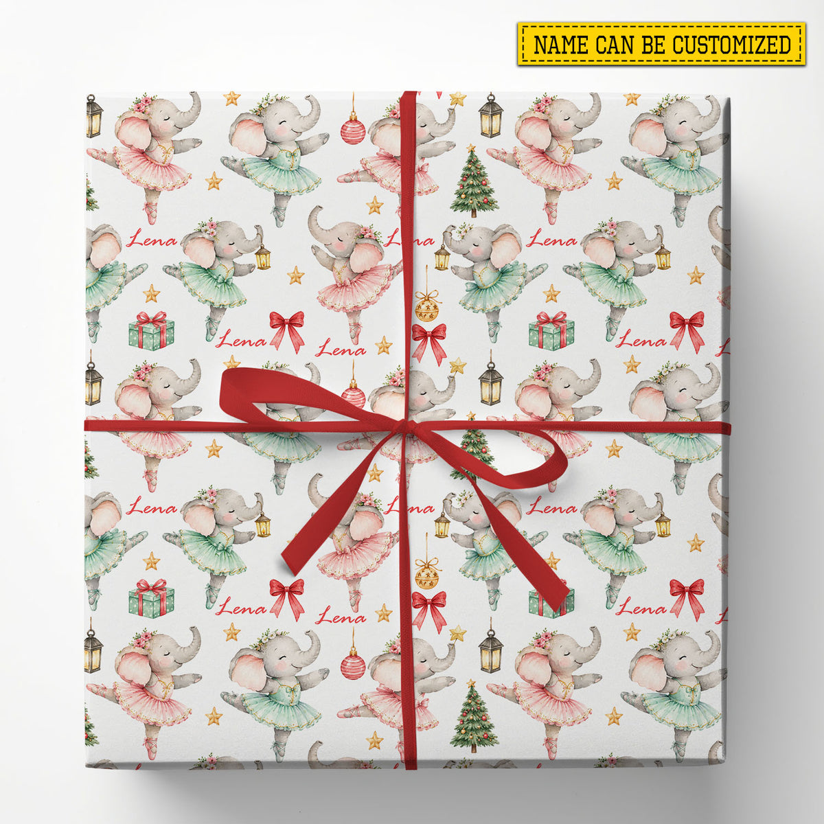 Personalized Christmas Ballerina Elephant Wrapping Paper, Watercolor Dancing Elephants Wrapping Paper Rolls, Xmas Gift Wrap For Ballet Lover