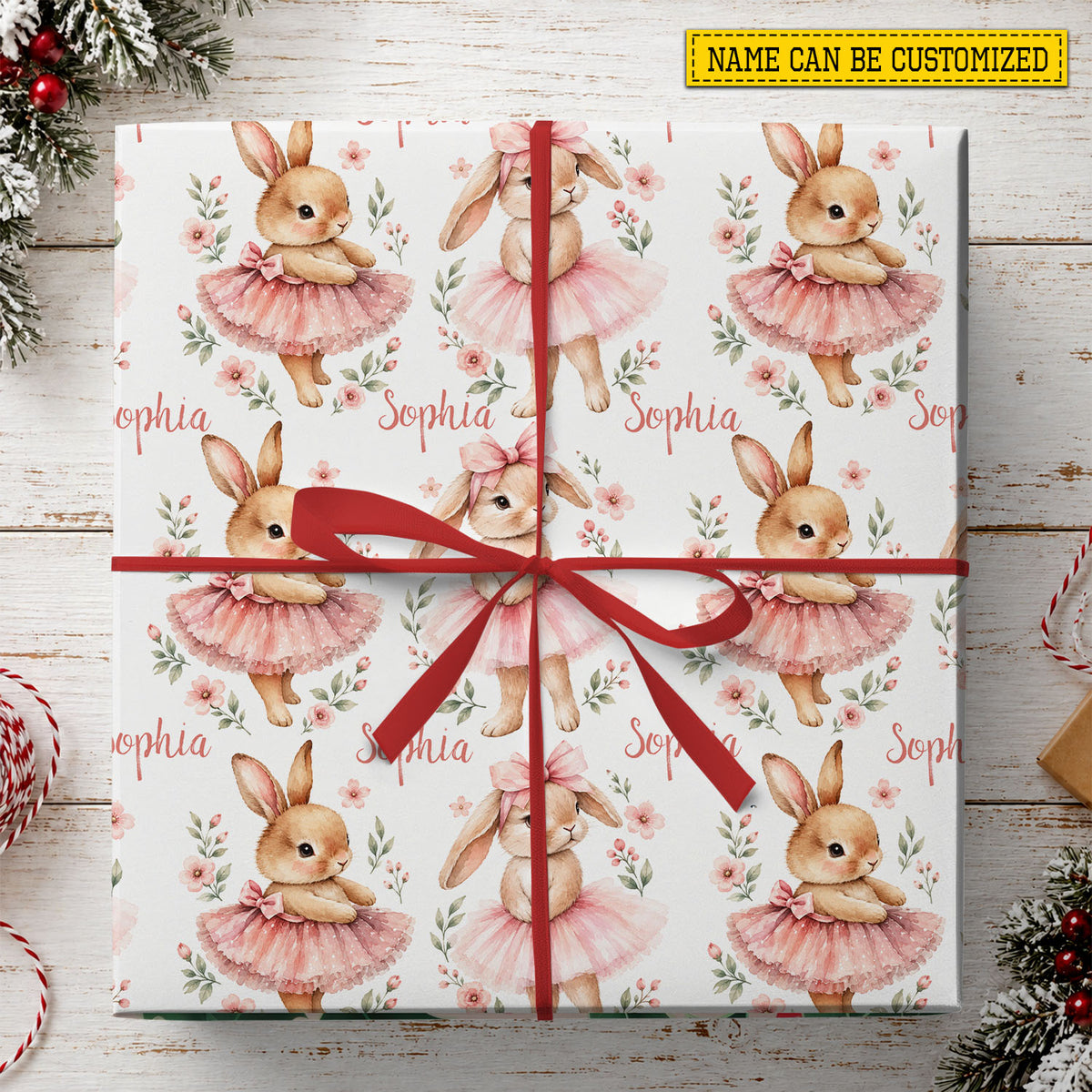 Personalized Ballerina Bunny Wrapping Paper, Cute Rabbit In Pink Tutu Floral Pattern Wrapping Paper Rolls, Gift Wrap For Ballet Lover