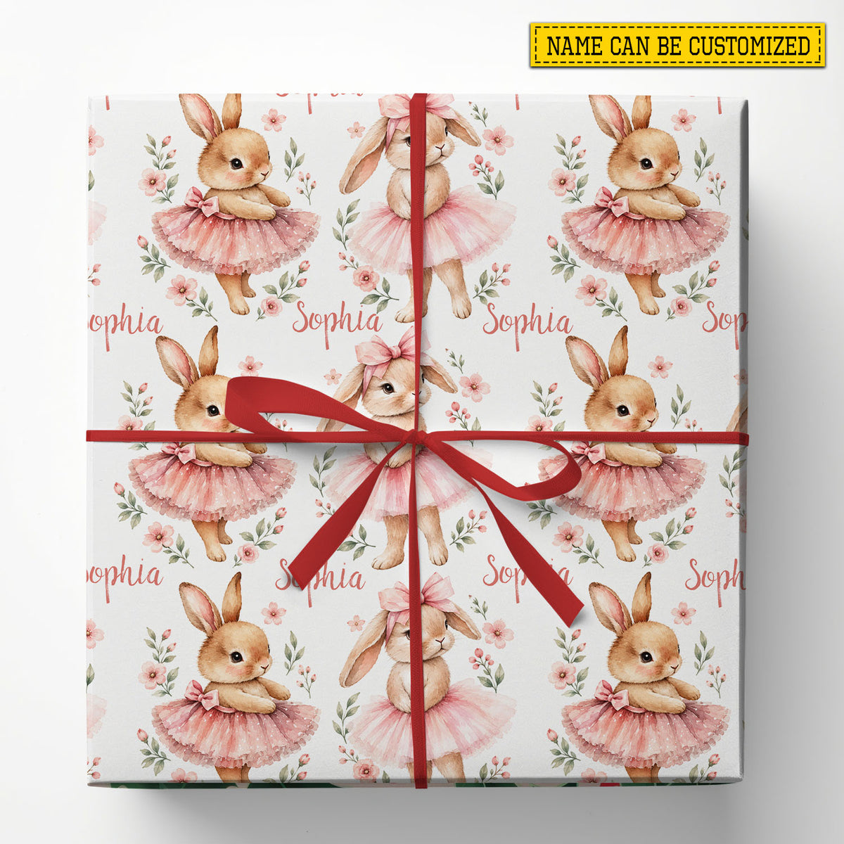 Personalized Ballerina Bunny Wrapping Paper, Cute Rabbit In Pink Tutu Floral Pattern Wrapping Paper Rolls, Gift Wrap For Ballet Lover
