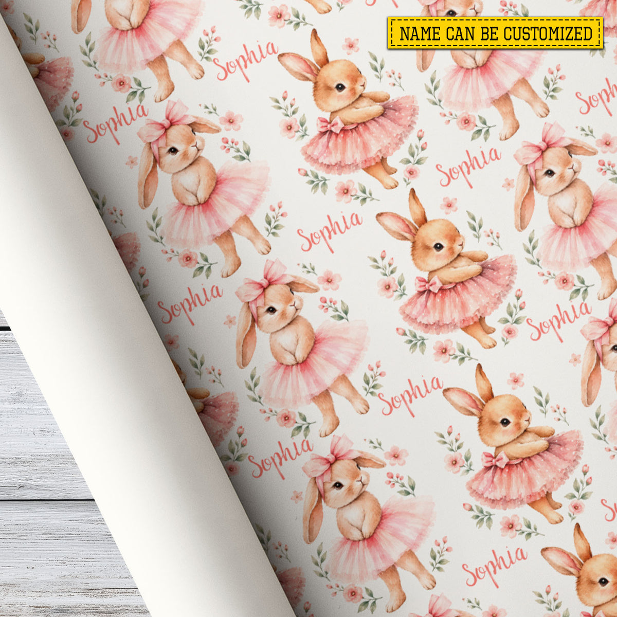 Personalized Ballerina Bunny Wrapping Paper, Cute Rabbit In Pink Tutu Floral Pattern Wrapping Paper Rolls, Gift Wrap For Ballet Lover