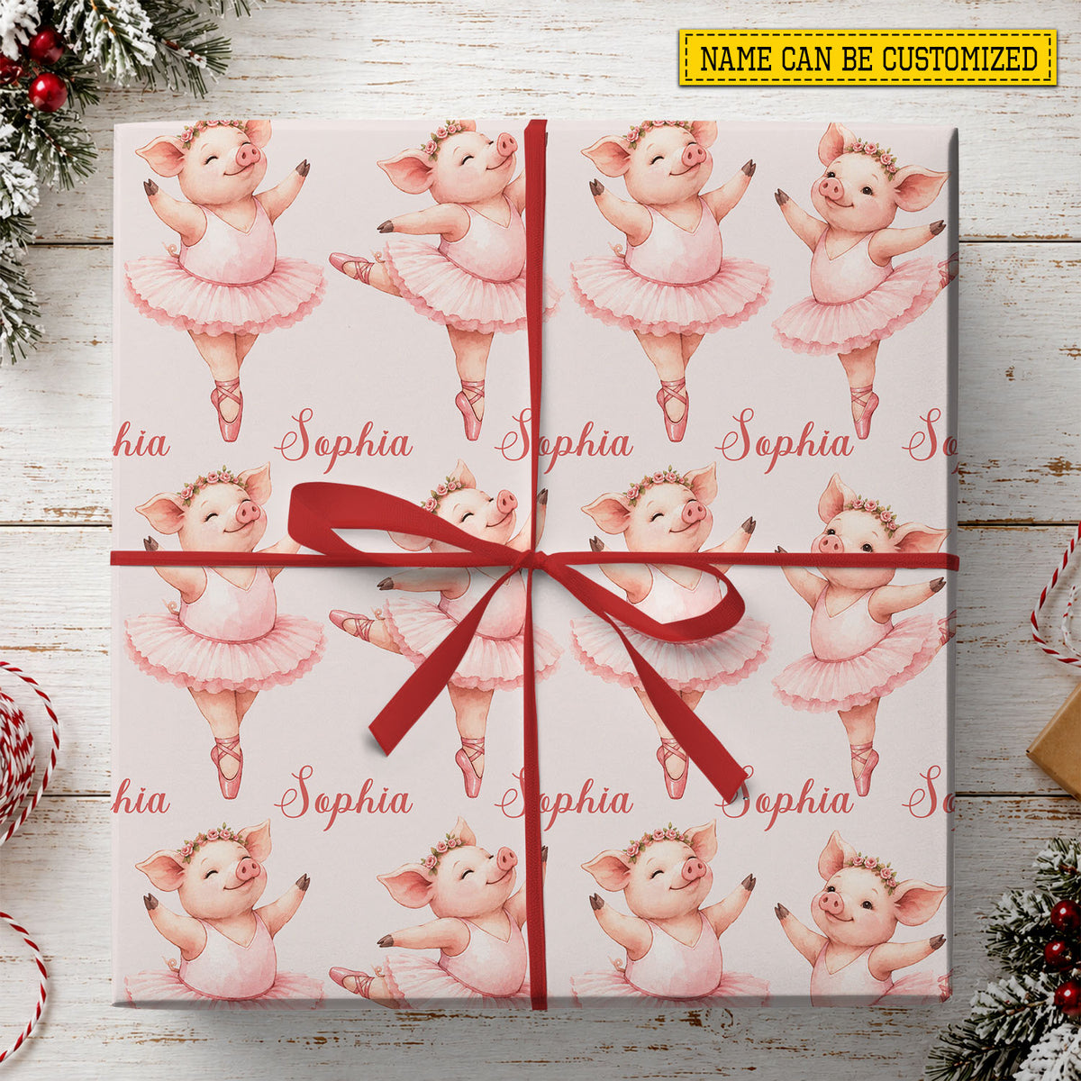 Cute Personalized Ballerina Pig Wrapping Paper, Pink Pig Ballet Pattern Wrapping Paper Rolls, Gift Wrap For Ballet Lover