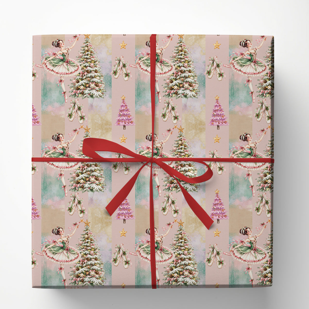 Vintage Ballerina Christmas Wrapping Paper, Pink Sugar Plum Fairy And Christmas Tree Wrapping Paper Rolls, Xmas Gift Wrap For Ballet Lover