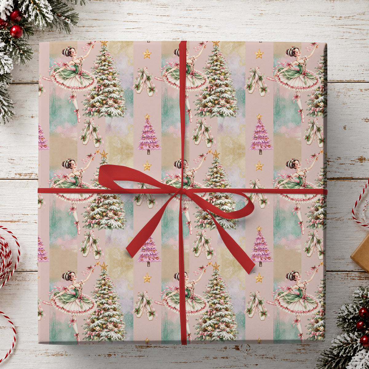 Vintage Ballerina Christmas Wrapping Paper, Pink Sugar Plum Fairy And Christmas Tree Wrapping Paper Rolls, Xmas Gift Wrap For Ballet Lover