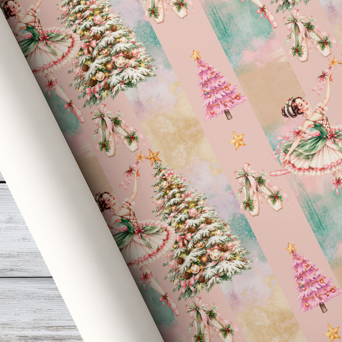 Vintage Ballerina Christmas Wrapping Paper, Pink Sugar Plum Fairy And Christmas Tree Wrapping Paper Rolls, Xmas Gift Wrap For Ballet Lover