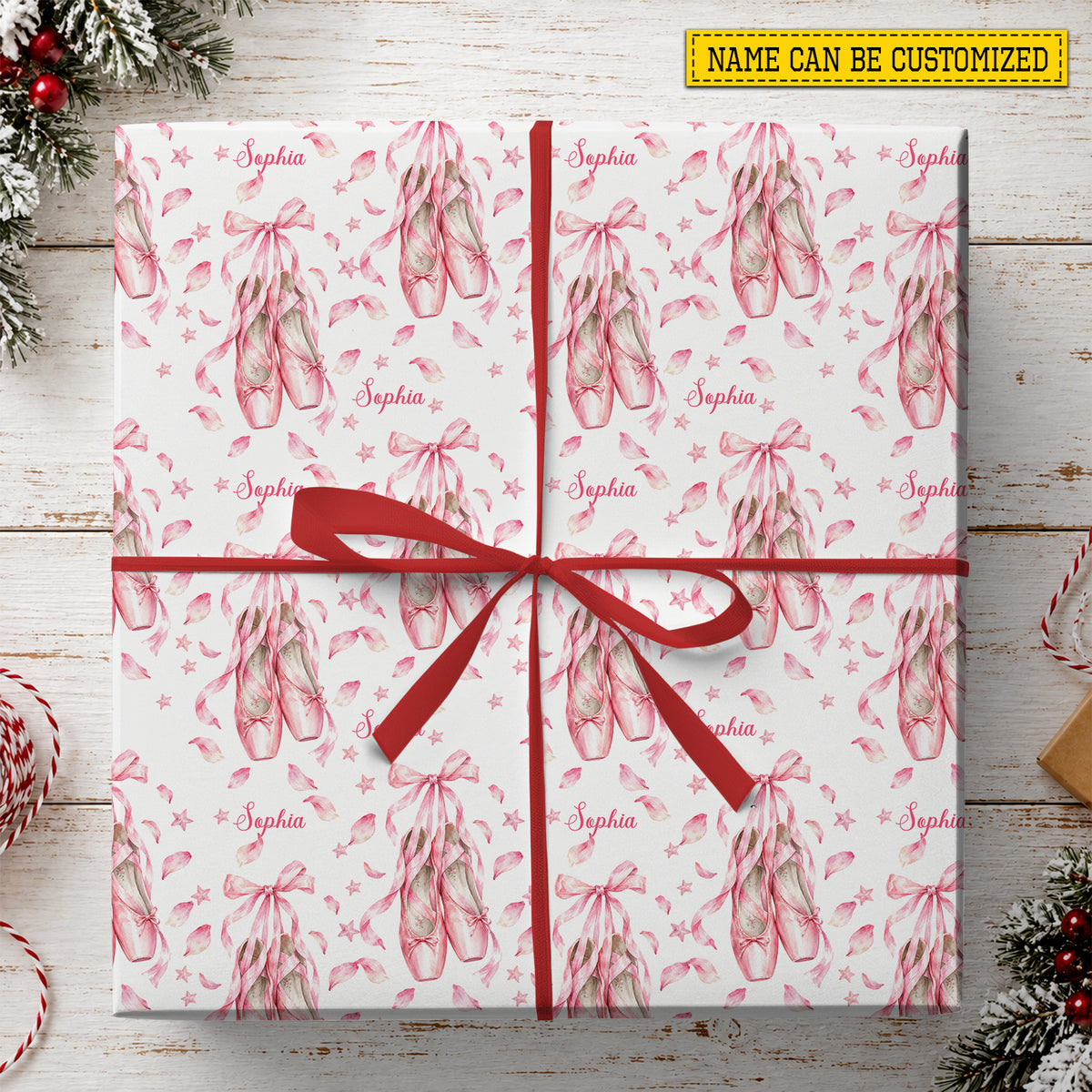 Personalized Ballerina Wrapping Paper, Pink Ballet Pointe Shoes And Bows Pattern Wrapping Paper Rolls, Gift Wrap For Ballet Lover