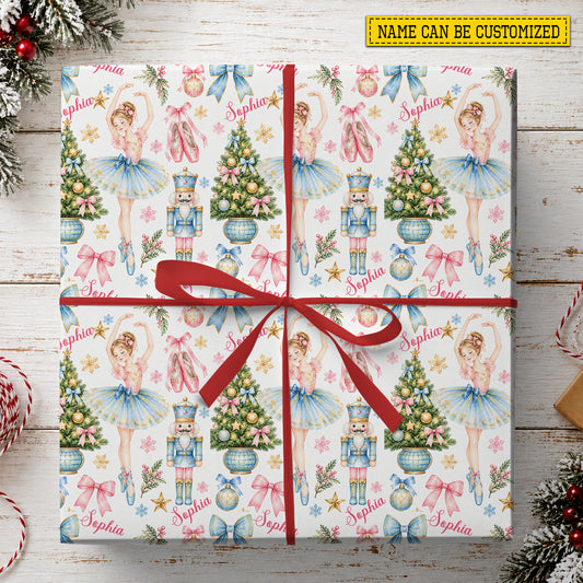 Personalized Christmas Ballerina Wrapping Paper, Pink And Blue Nutcracker Ballet Wrapping Paper Rolls, Xmas Gift Wrap For Ballet Lover