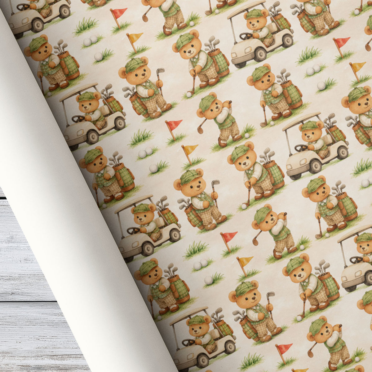 Cute Golf Teddy Bear Wrapping Paper, Vintage Golfer Bear Pattern Wrapping Paper Rolls, Gift Wrap For Golf Lover