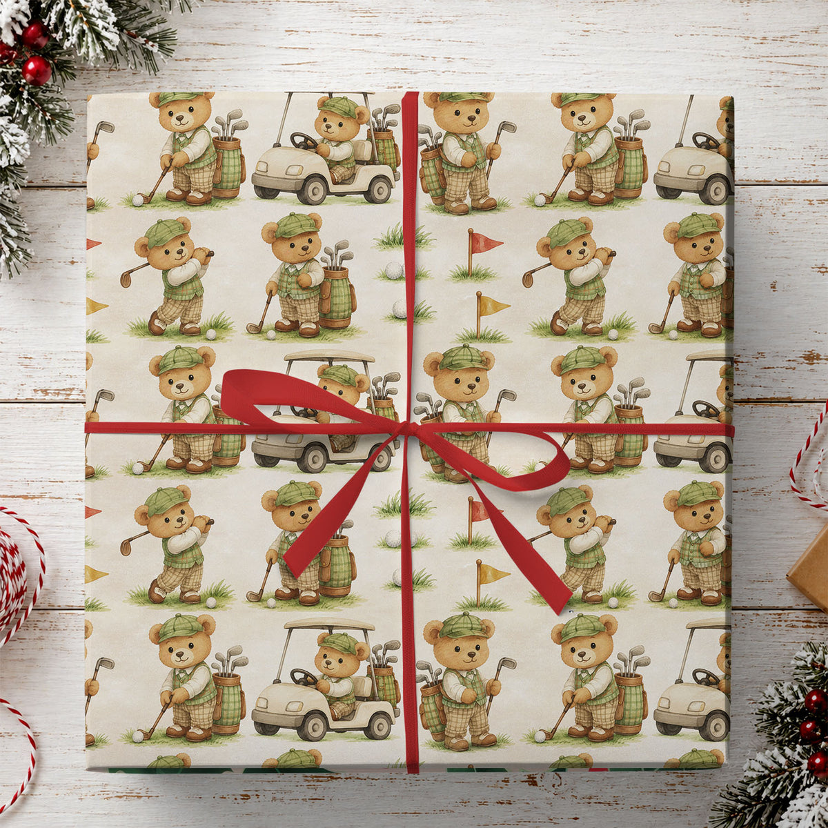 Cute Golf Teddy Bear Wrapping Paper, Vintage Golfer Bear Pattern Wrapping Paper Rolls, Gift Wrap For Golf Lover