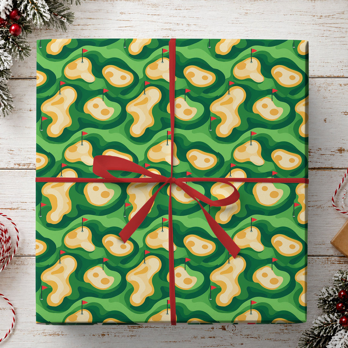 Golf Course Wrapping Paper, Green Golf Fairway And Sand Bunker Pattern Wrapping Paper Rolls, Gift Wrap For Golf Lover