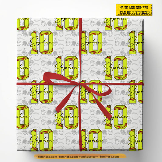 Personalized Softball Wrapping Paper, Custom Sports In White Background Wrapping Paper Rolls, Gift Wrap For Softball Lover