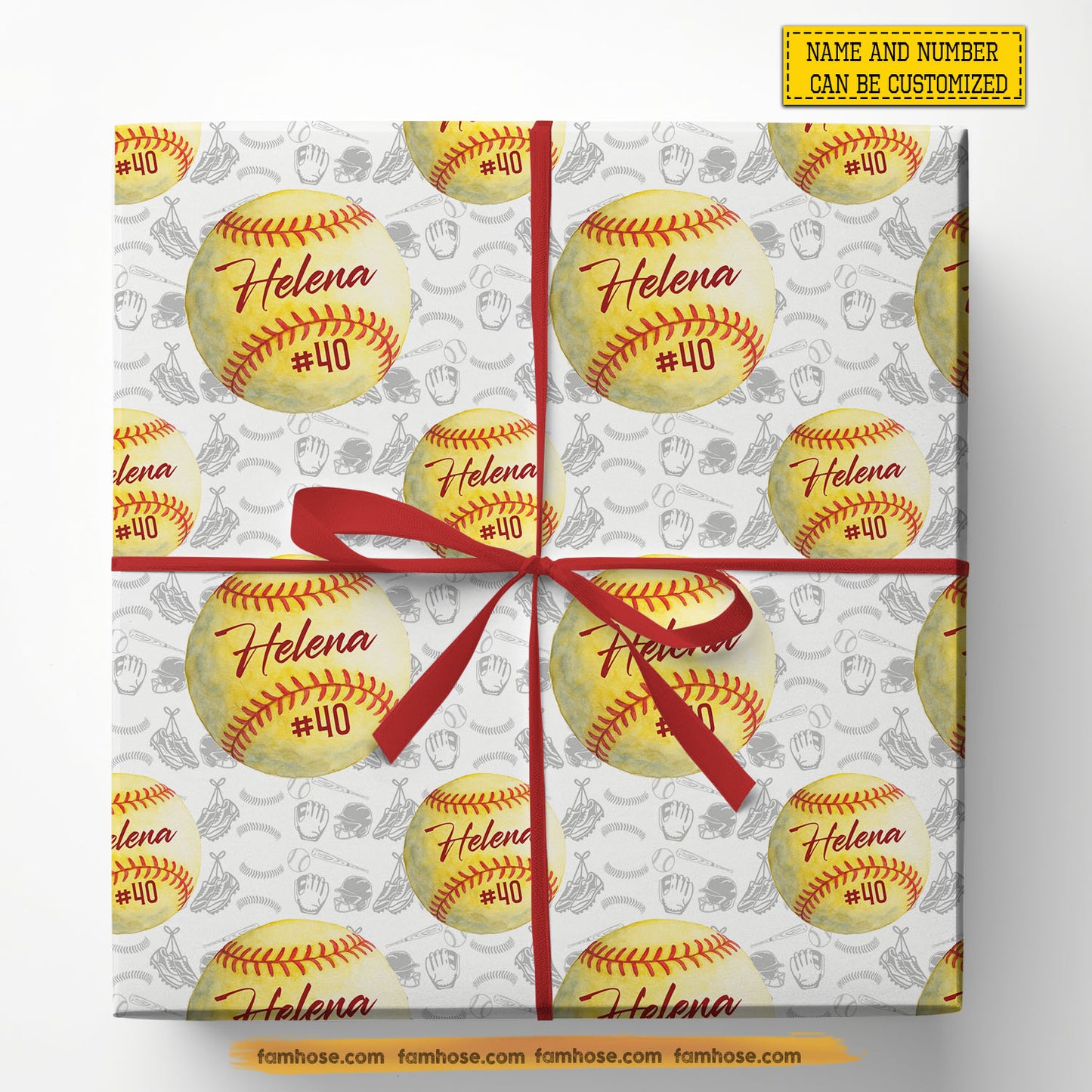 Personalized Christmas Softball Wrapping Paper, Softball In White Background Wrapping Paper Rolls, Xmas Gift Wrap For Softball Lover