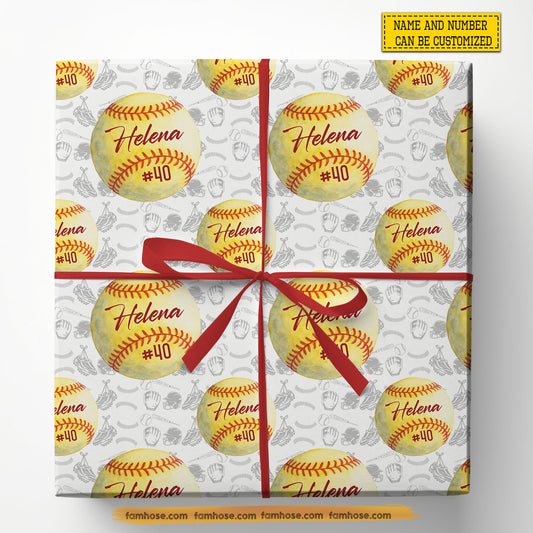 Personalized Christmas Softball Wrapping Paper, Softball In White Background Wrapping Paper Rolls, Xmas Gift Wrap For Softball Lover