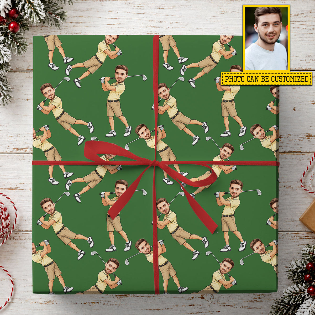 Funny Personalized Golf Wrapping Paper, Custom Face Golfer Wrapping Paper Rolls, Gift Wrap For Golf Lover