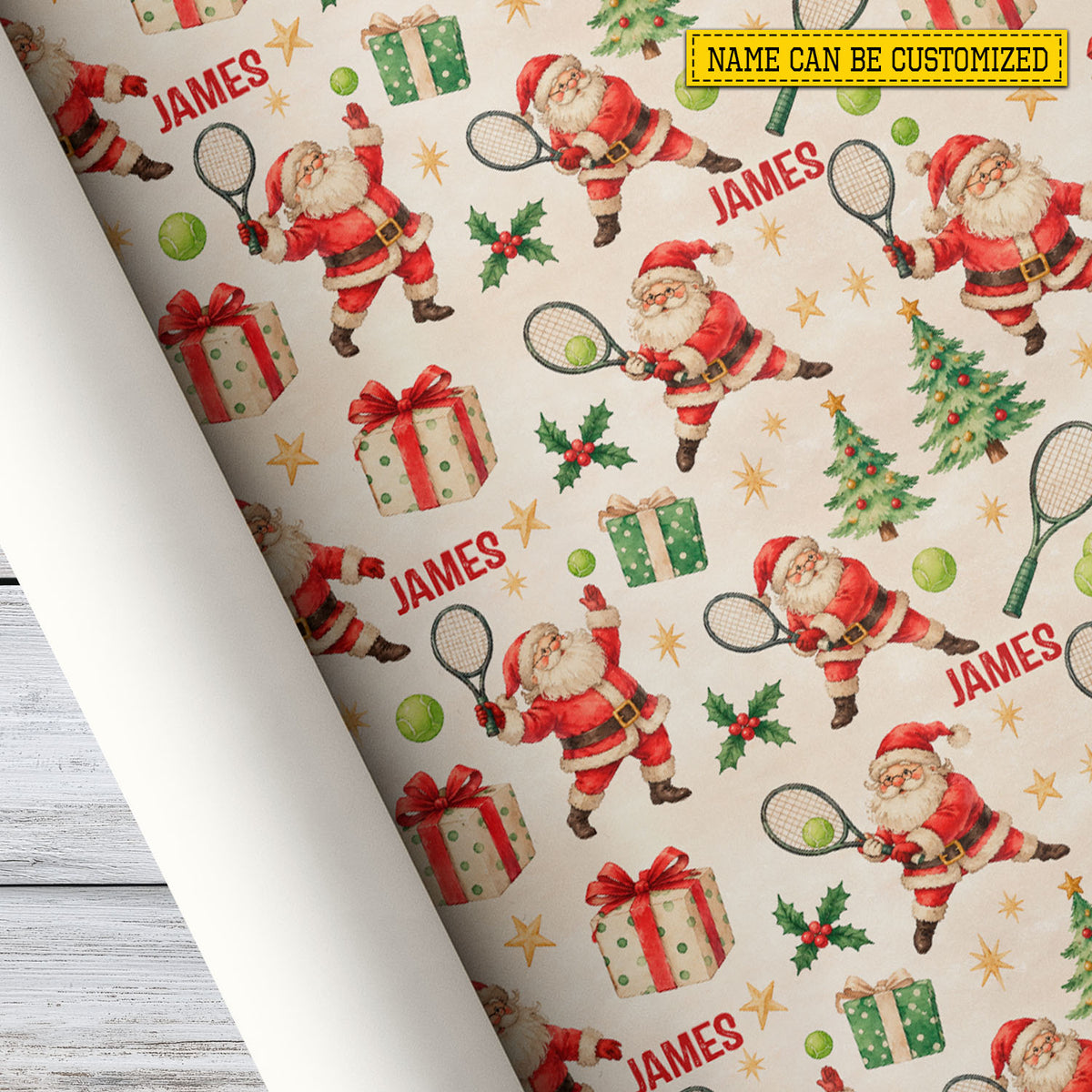 Personalized Christmas Tennis Wrapping Paper, Santa Claus Playing Tennis Pattern Wrapping Paper Rolls, Xmas Gift Wrap For Tennis Lover