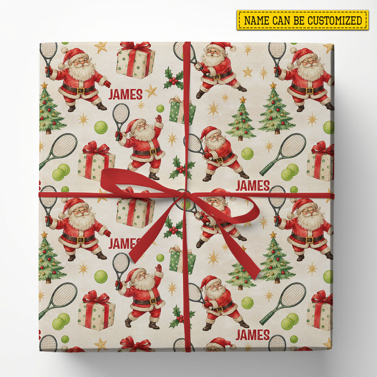 Personalized Christmas Tennis Wrapping Paper, Santa Claus Playing Tennis Pattern Wrapping Paper Rolls, Xmas Gift Wrap For Tennis Lover