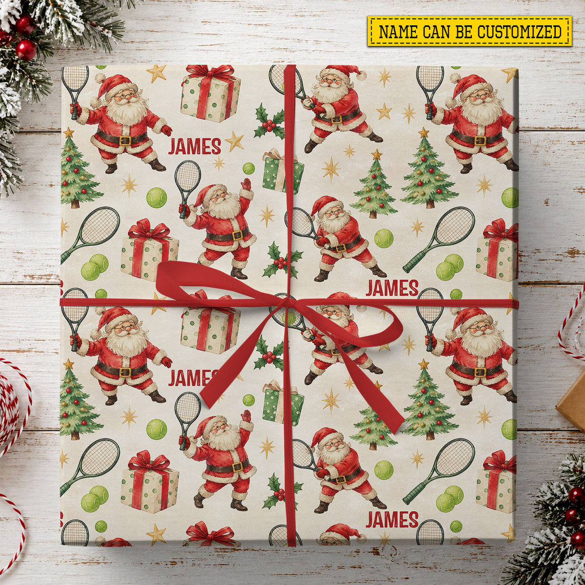 Personalized Christmas Tennis Wrapping Paper, Santa Claus Playing Tennis Pattern Wrapping Paper Rolls, Xmas Gift Wrap For Tennis Lover