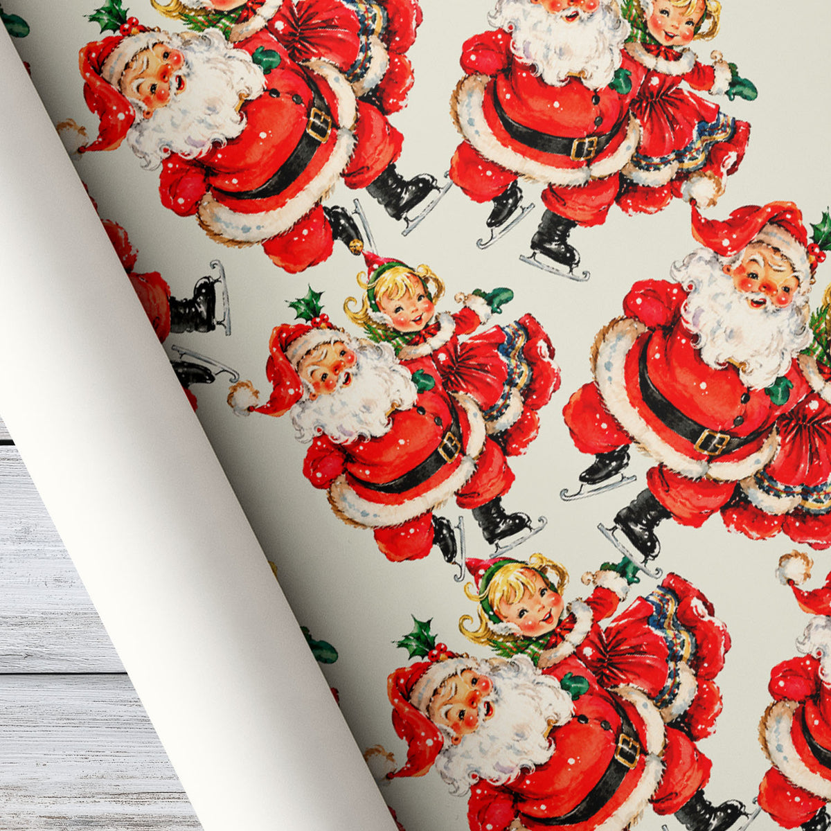 Vintage Santa Ice Skating Christmas Wrapping Paper, Nostalgic Old Fashioned Wrapping Paper Rolls, Xmas Gift Wrap For Iceskating Lover