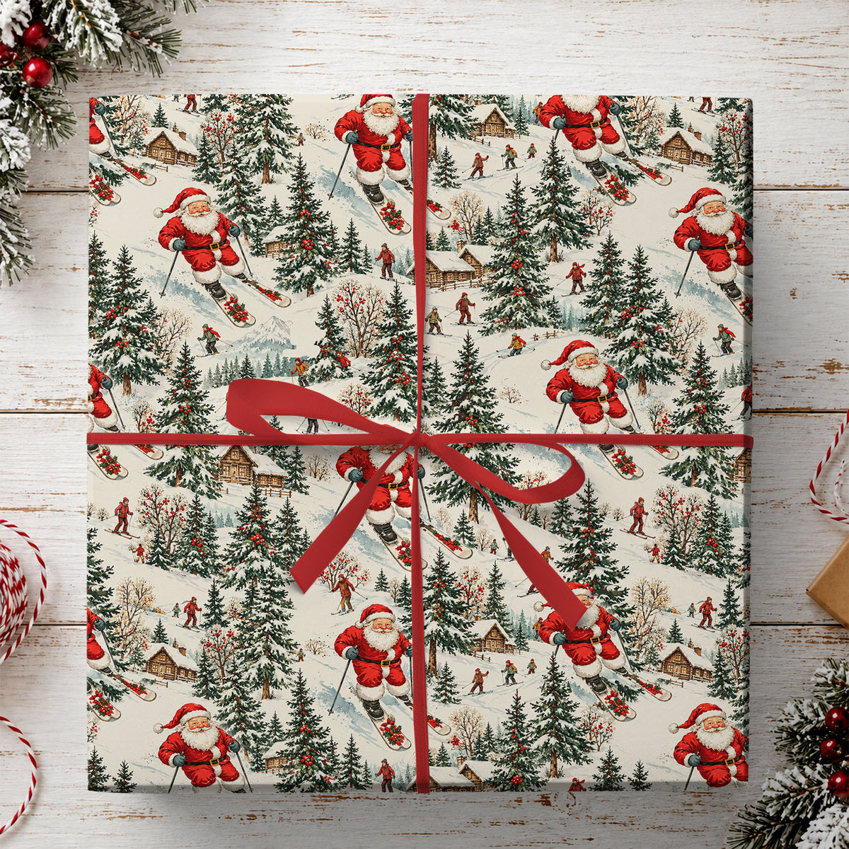 Vintage Christmas Skiing Wrapping Paper, Snowy Mountain Cabin And Pine Forest Pattern Wrapping Paper Rolls, Xmas Gift Wrap For Skiing Lover