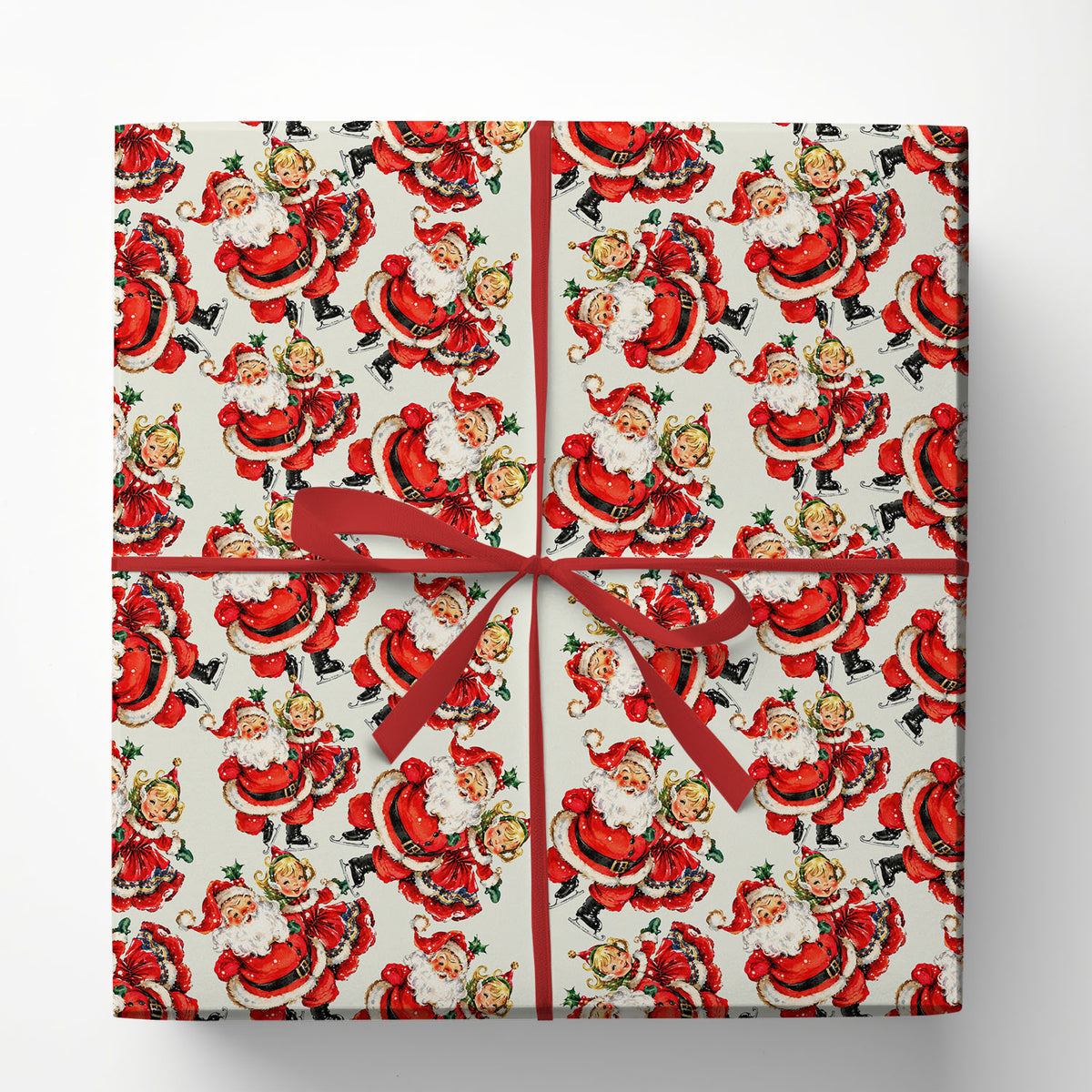 Vintage Santa Ice Skating Christmas Wrapping Paper, Nostalgic Old Fashioned Wrapping Paper Rolls, Xmas Gift Wrap For Iceskating Lover